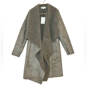 NWT John + Jenn Women’s Coat Long Open Front Sherpa Grey Size M
